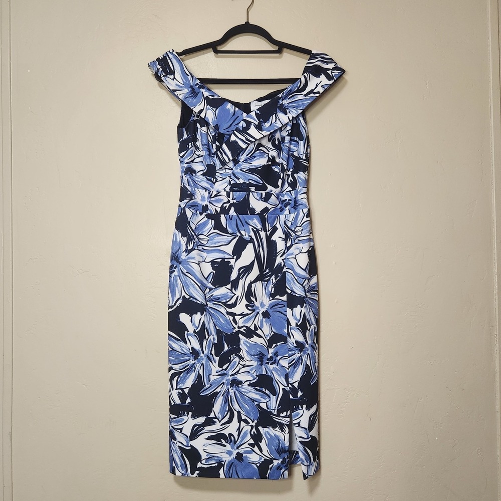 Joseph Ribkoff Off Shoulder Blue Floral Sheath Dress Size Small